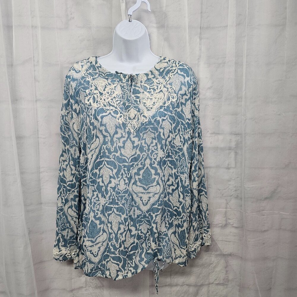 Chico's Blouse Blue White Silk Peasant Sheer Boho Fairy Embroidered 2 (L)